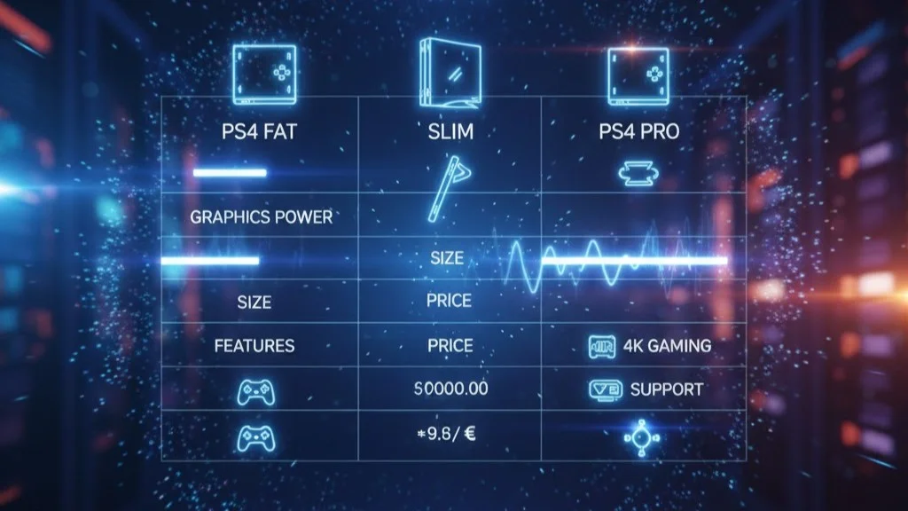 "جدول مقایسه انیمیشنی انواع پلی استیشن ۴ Fat، Slim و Pro با آیکونهای نئون و انرژی ویو