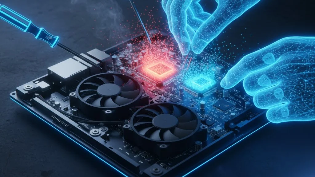 تعمیرات انیمیشنی پلی استیشن ۴ Pro با ابزارها، فن و قطعات داخلی در نور نئون آبی پرقدرت