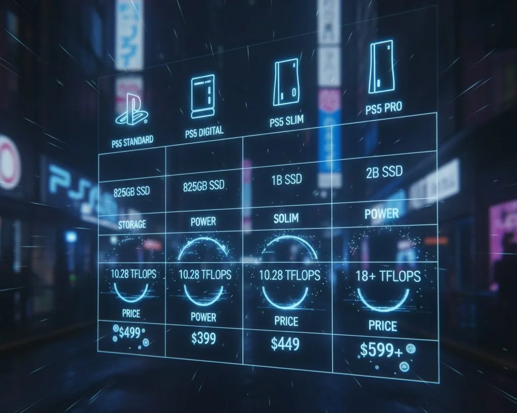 جدول مقایسه انواع پلی استیشن ۵ استاندارد، دیجیتال، اسلیم و پرو با مشخصات فنی و عملکرد